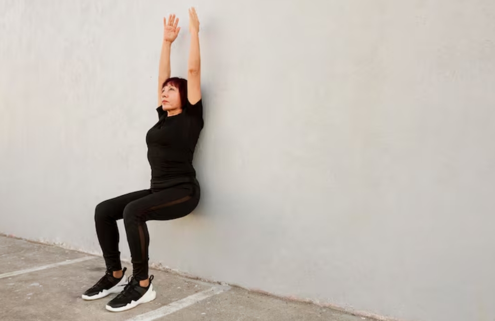 A woman crouches against the wall